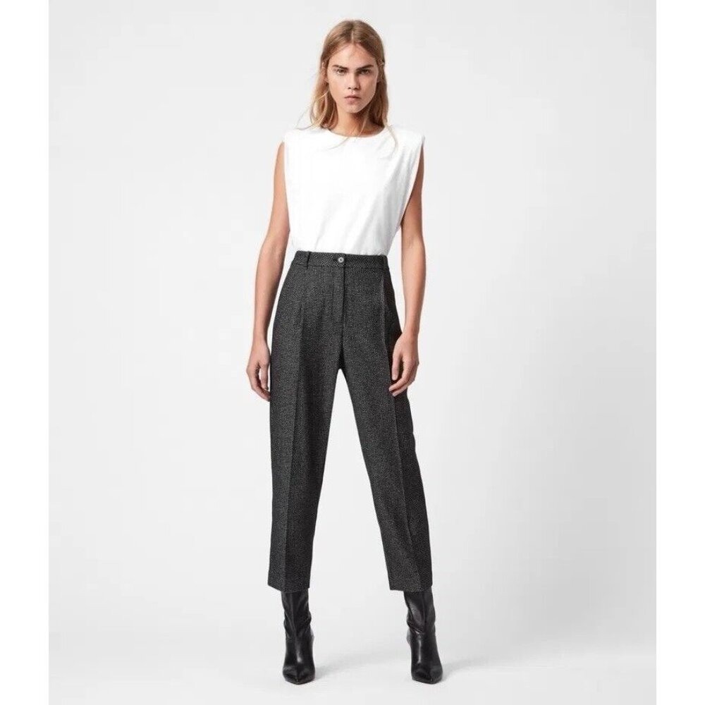 Allsaints Mara Puppytooth Straight Trouser Pants (Sz 2) Pleated Italian Cloth
